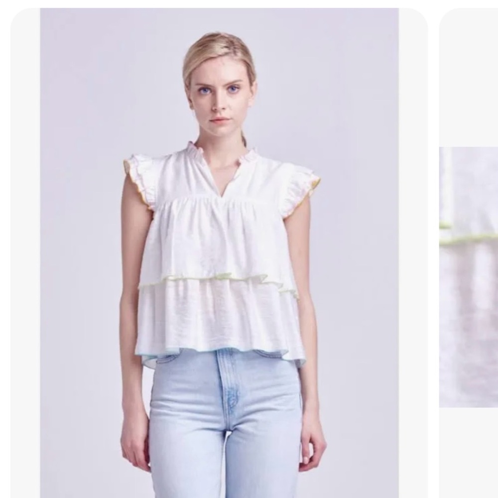 English Factory XS NWOT white cotton gauze tiered top with pastel embroidery.
